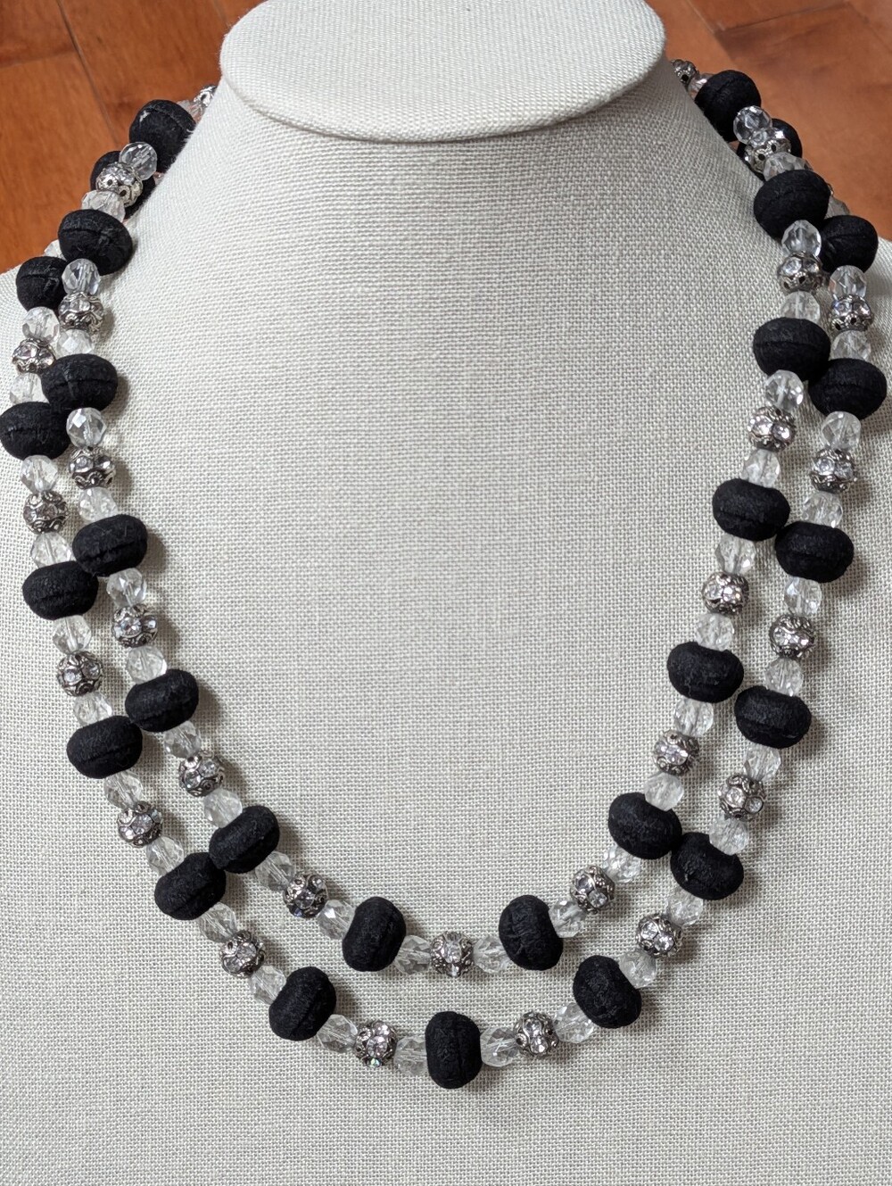 Vintage Two-Strand Black & Clear Beaded Necklace with Ornate Rhinestone Clasp